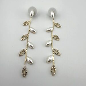 Gold Plated Wedding Prom Special Occasion Faux Pearl Rhinestone Leaf Earrings